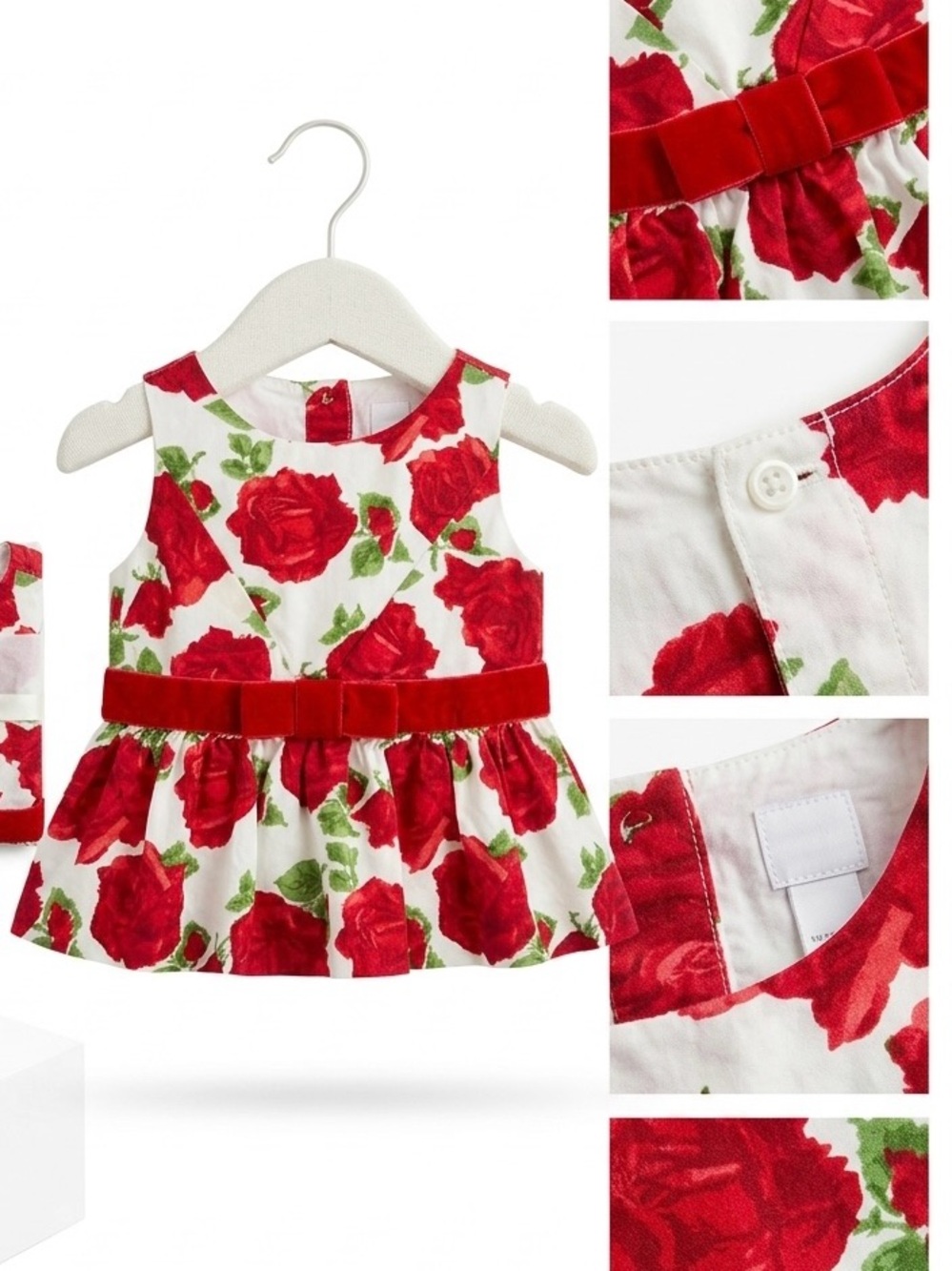 Janie and Jack White floral top with velvet bow. Red rose print. size 12-18m